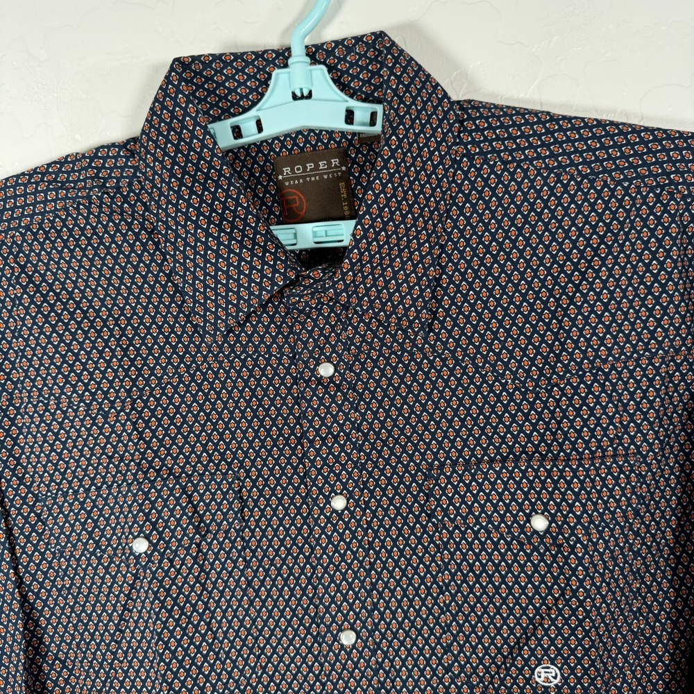 Roper Shirt Mens XL Blue Orange Pearl Snap Western Cowboy Diamond Geometric